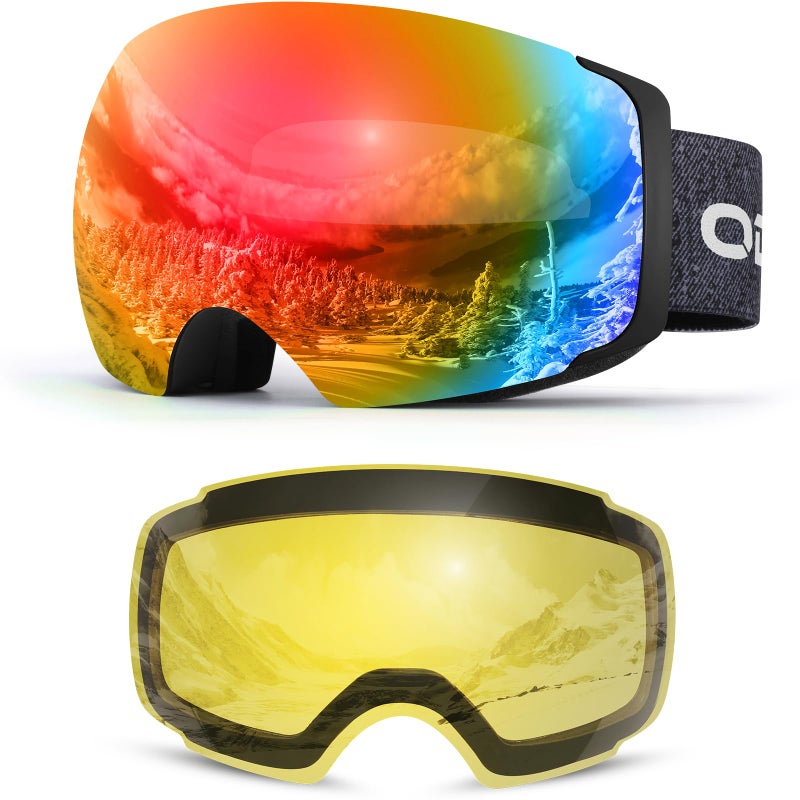 Odoland Magnetic Interchangeable Ski Goggles with 2 Lens, Large Spherical Frameless Snow Snowboard Goggles for Men Women, Black Frame Blaze Lens vlt15% - Image 1